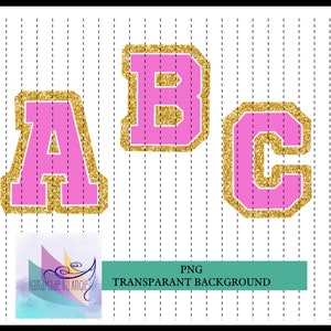 May include: Three pink letters with gold glitter outlining, the letters are A, B, and C. The letters are on a white background with a dashed line pattern.