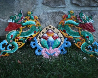 Dragon and lotus flower wall art in metal- tibetan