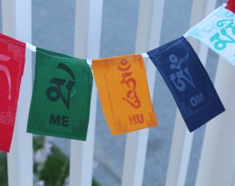 Tibetan Buddhist Multicolor Prayer Flags inscribed with Om Mane Padme Hum