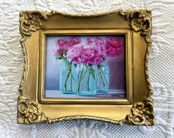 Framed pink peony in blue Ball jar giclee print