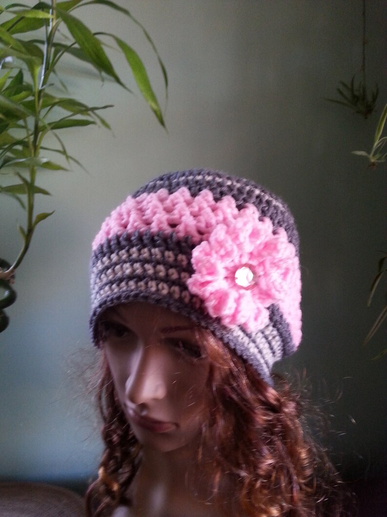 Crochet Hat Winter Hat, Pink And Grey Hat Woman Crochet Hat Beanie