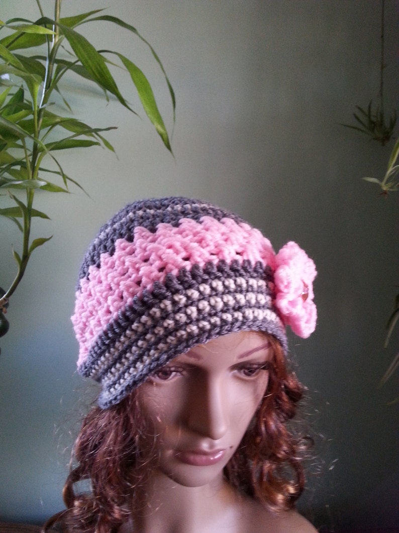 Crochet Hat Winter Hat, Pink And Grey Hat Woman Crochet Hat Beanie