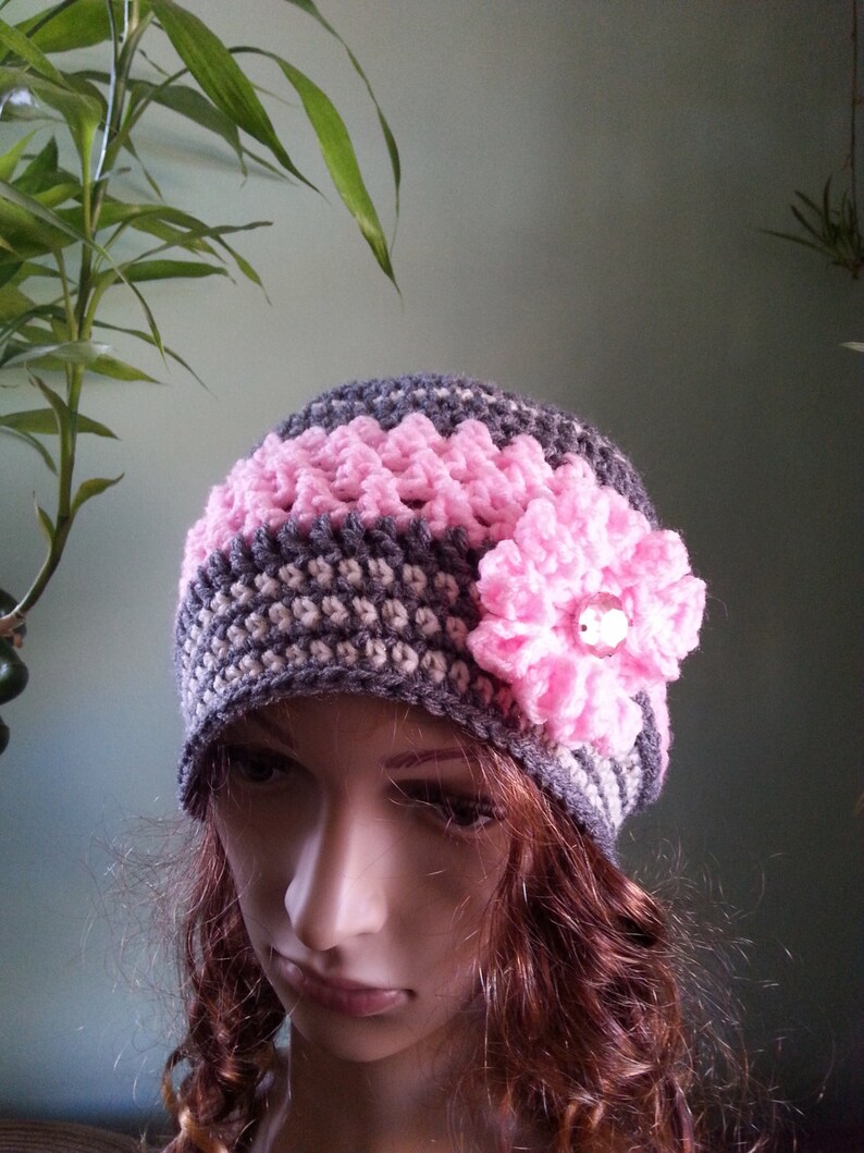 Crochet Hat Winter Hat, Pink And Grey Hat Woman Crochet Hat Beanie