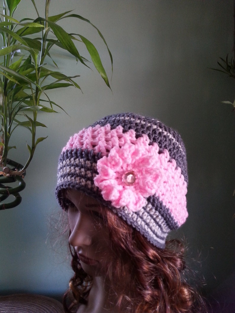 Crochet Hat Winter Hat, Pink And Grey Hat Woman Crochet Hat Beanie