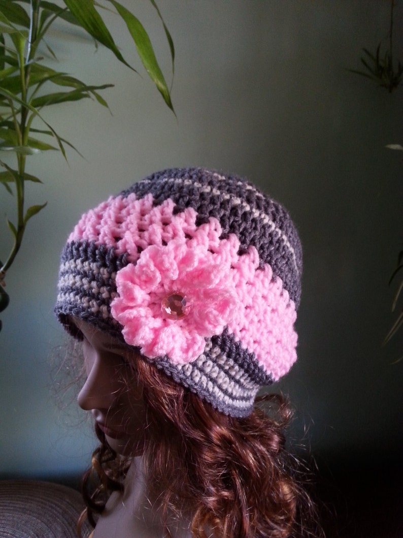 Crochet Hat Winter Hat, Pink And Grey Hat Woman Crochet Hat Beanie