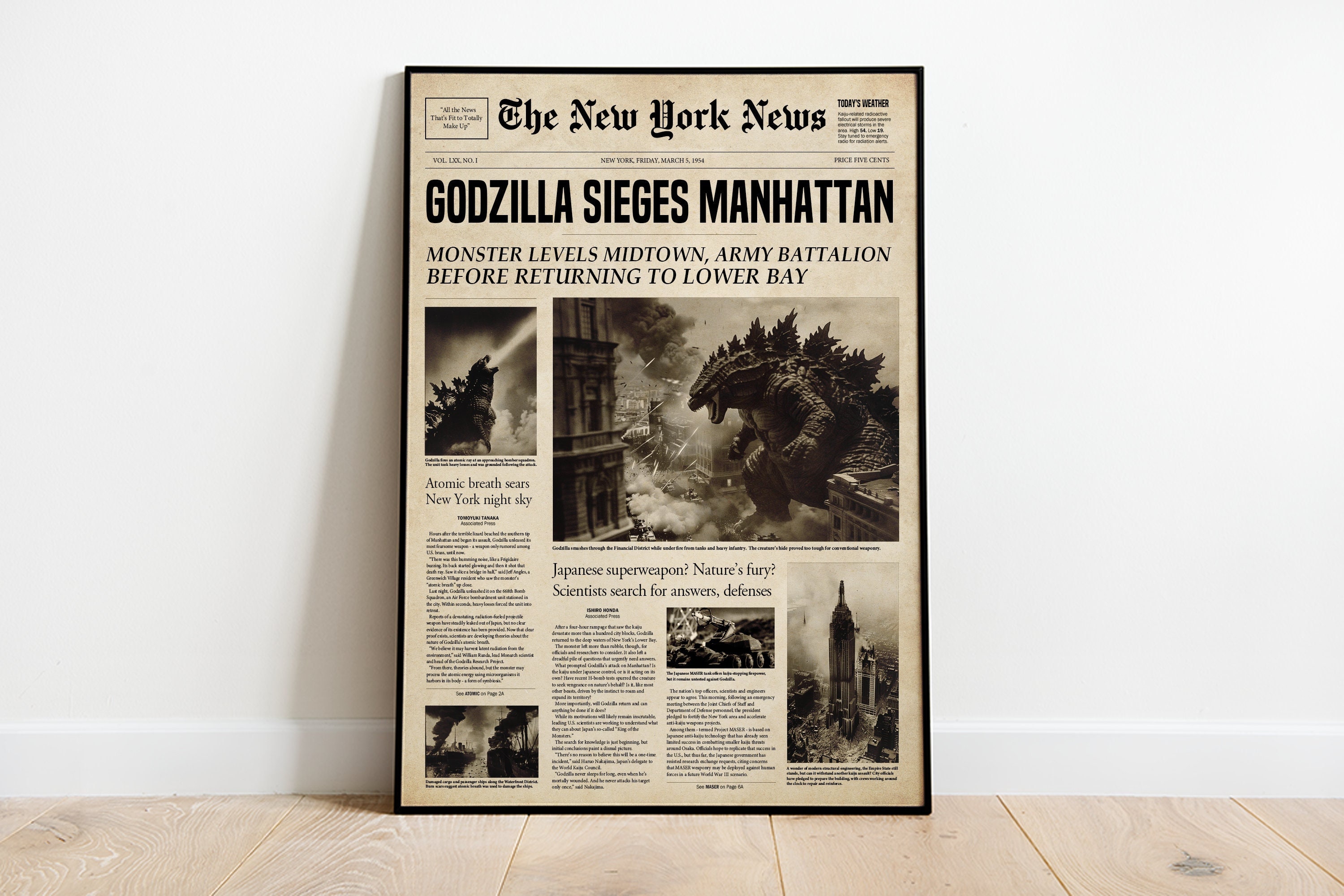 Godzilla Poster | Vintage Wall Art | Retro Decor | Newspaper