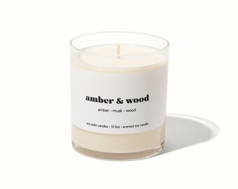 Amber & Wood Scented Soy Candle - Cozy Soy Candle - Coffee Table Decor - Handpoured Natural Candle - 10.5 oz