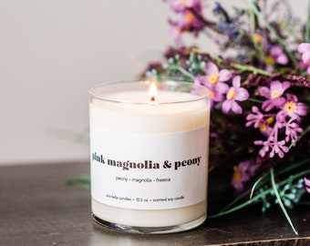 Pink Magnolia and Peony Candle - Floral Handmade Candle - Spring Soy Candle - Cute Candles - 10.5