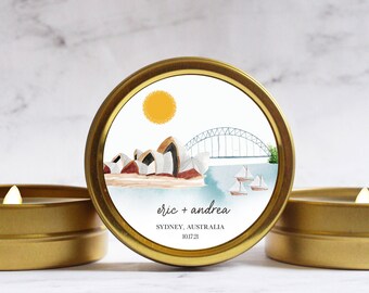 Sydney Australia Wedding Candle Favors - Australian Destination Wedding - Gold Travel Tins
