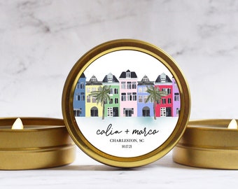 Charleston South Carolina Wedding Candle Favors - Charleston Destination Wedding - Rainbow Row Houses - Gold Travel Tins