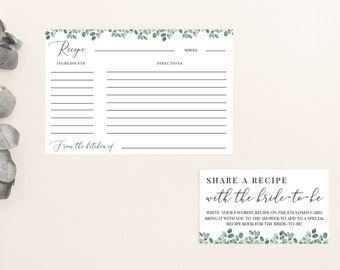 Eucalyptus Recipe Card for Bridal Shower Invitations, Share a Recipe Digital Download, Greenery Editable Template, Style #05-12