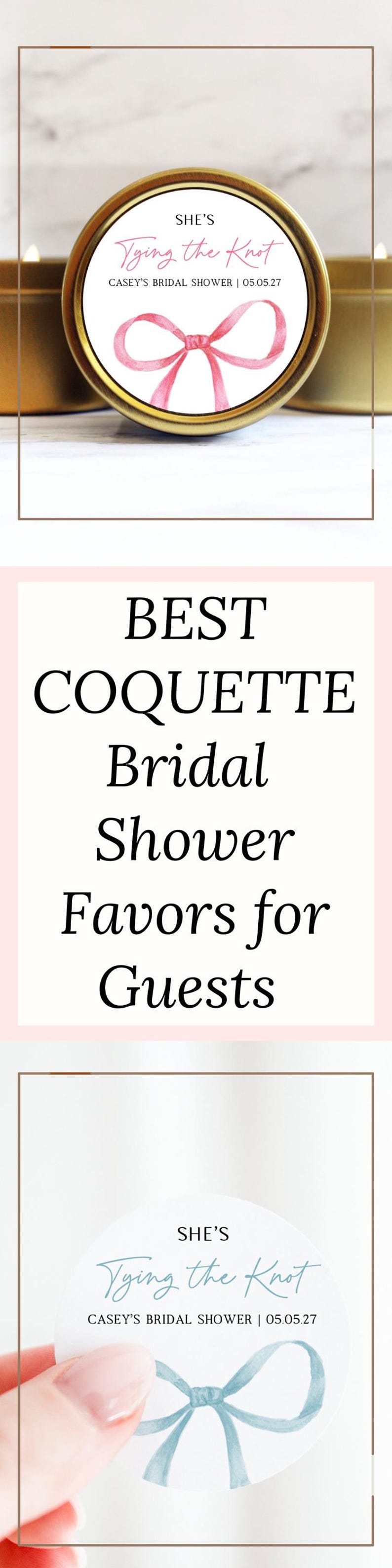 May include: A round gold metal candle tin featuring a white circular label with a pink watercolor bow illustration. The text reads SHE'S Tying the Knot CASEY'S BRIDAL SHOWER | 05.05.27. A second label shows the same text and a blue watercolor bow.