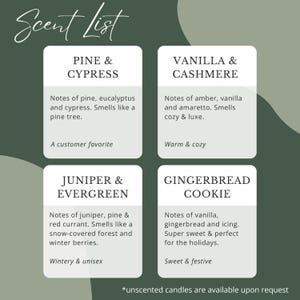 May include: A dark green informational graphic titled Scent List featuring four white rectangular boxes. Each box lists a scent name and description: Pine & Cypress, Vanilla & Cashmere, Juniper & Evergreen, and Gingerbread Cookie. Text at the bottom reads *unscented candles are available upon request.