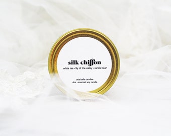 Silk Chiffon Soy Candle, Bulk Bridal Party Proposal Gifts, Small Bridesmaid Gifts, 4oz Gold Travel Tin, Wedding Day Gift for Bride