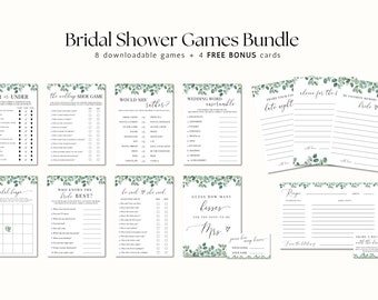 Groen bruids douche spelbundel, afdrukbare bruiloft douche spellen, bewerkbare eucalyptus sjablonen, tuinfeestspellen, stijl #05