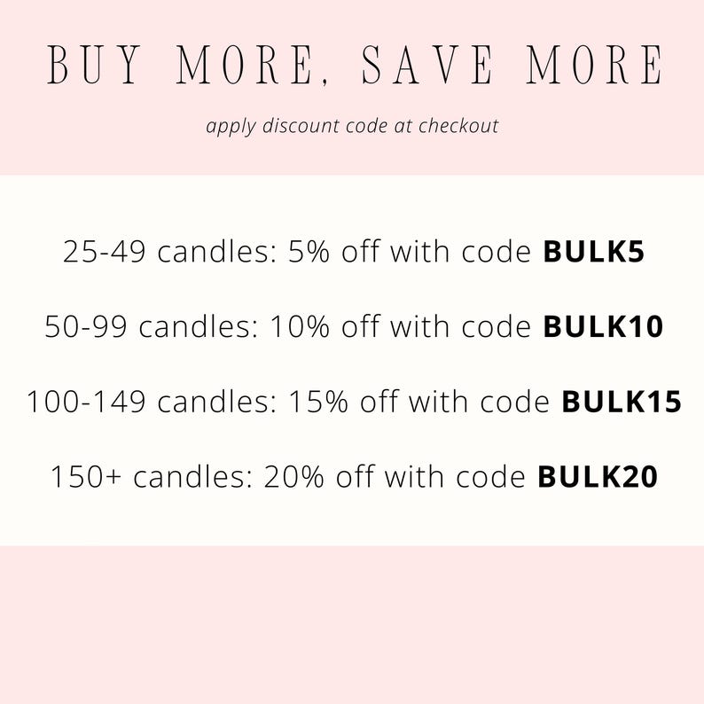 May include: A white graphic with black text reading BUY MORE, SAVE MORE and apply discount code at checkout. It lists bulk candle discounts: 25-49 candles 5% off with code BULK5, 50-99 candles 10% off with code BULK10, 100-149 candles 15% off with code BULK15, and 150+ candles 20% off with code BULK20.