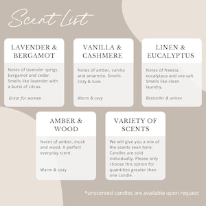 May include: A beige graphic with a "Scent List" header. It details candle scents: Lavender & Bergamot, Vanilla & Cashmere, Linen & Eucalyptus, Amber & Wood, and Variety of Scents. Each scent description is provided.