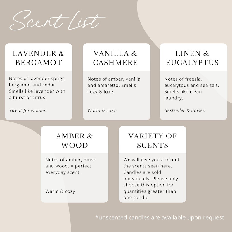 May include: A beige graphic with a "Scent List" header. It details candle scents: Lavender & Bergamot, Vanilla & Cashmere, Linen & Eucalyptus, Amber & Wood, and Variety of Scents. Each scent description is provided.