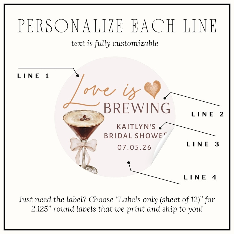Love is Brewing Bridal Shower Favor Bulk Candle Party Favor Espresso Martini Bridal Brunch Gift for Guest Coffee Themed Bachelorette Party Labels only (sheet of 12 labels)