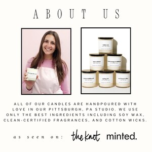 May include: A collection of six glass jar candles with black lids and white labels, featuring scents like White Tea, Sun & Shore, Blood Orange & Hibiscus, Coastal Driftwood, Spring Air, and Sea Foam & Lilac, displayed alongside text about handpoured soy wax.
