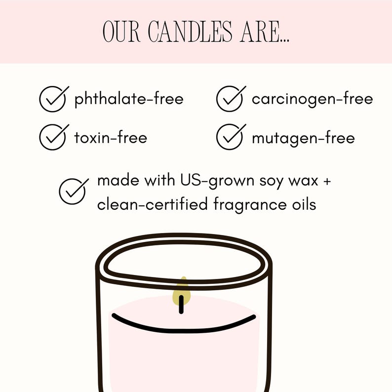 May include: A graphic featuring the text OUR CANDLES ARE... followed by a list of checkmarks indicating the product is phthalate-free, carcinogen-free, toxin-free, mutagen-free, and made with US-grown soy wax and clean-certified fragrance oils.
