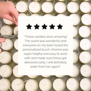 May include: Overhead shot of numerous small, round candles in gold-colored tins. Each candle has a white wax surface and a central wick. A review with five black stars is visible, along with text praising the candles.
