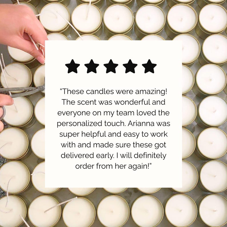 May include: Overhead shot of numerous small, round candles in gold-colored tins. Each candle has a white wax surface and a central wick. A review with five black stars is visible, along with text praising the candles.