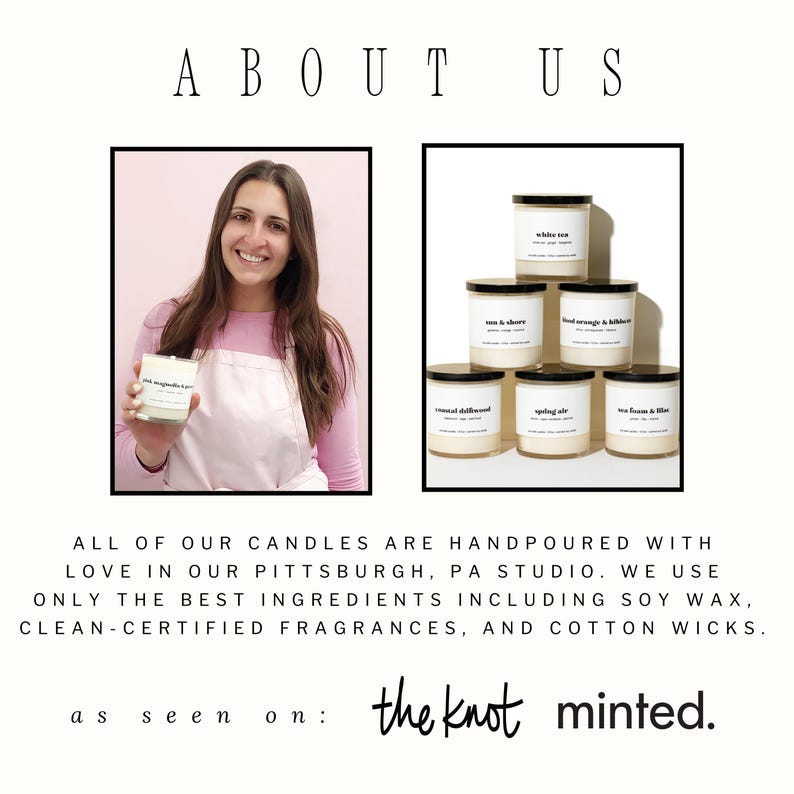 May include: A collection of six glass jar candles with black lids and white labels, featuring scents like White Tea, Sun & Shore, Blood Orange & Hibiscus, Coastal Driftwood, Spring Air, and Sea Foam & Lilac, displayed alongside text about handpoured soy wax.