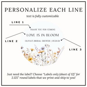 May include: A round sticker label featuring a wildflower illustration at the bottom and customizable text. The text reads: THANK YOU FOR COMING, LOVE IS IN BLOOM, and OLIVIA'S BRIDAL SHOWER | 05.20.28. The design includes three lines indicated for personalization.