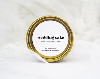 Wedding Cake Soy Candle, Bulk Bridesmaid Proposal Gifts, Small Bridal Party Gifts, 4oz Gold Travel Tin, Wedding Day Gifts