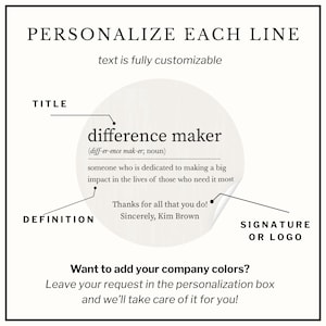 May include: A white graphic with the text "PERSONALIZE EACH LINE" and "text is fully customizable." The graphic includes the words "difference maker" with a definition and a signature. The graphic also says "Want to add your company colors?"