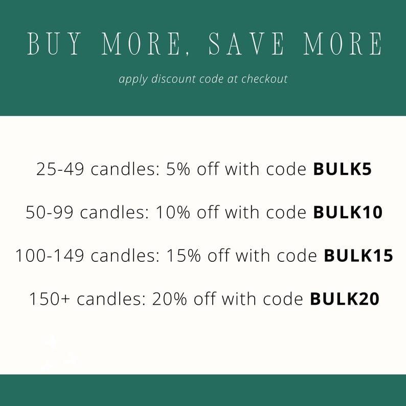 May include: A dark green graphic with white text reading BUY MORE, SAVE MORE and apply discount code at checkout. It lists bulk candle discounts: 25-49 candles 5% off code BULK5, 50-99 candles 10% off code BULK10, 100-149 candles 15% off code BULK15, 150+ candles 20% off code BULK20.