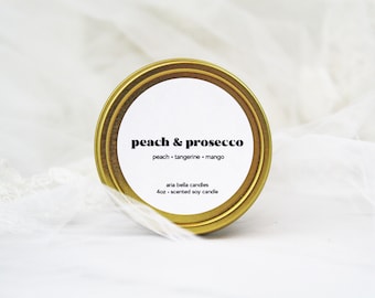 Peach and Prosecco Soy Candle, Bulk Bridesmaid Proposal Gifts, 4oz Gold Travel Tin, Maid of Honor Gift