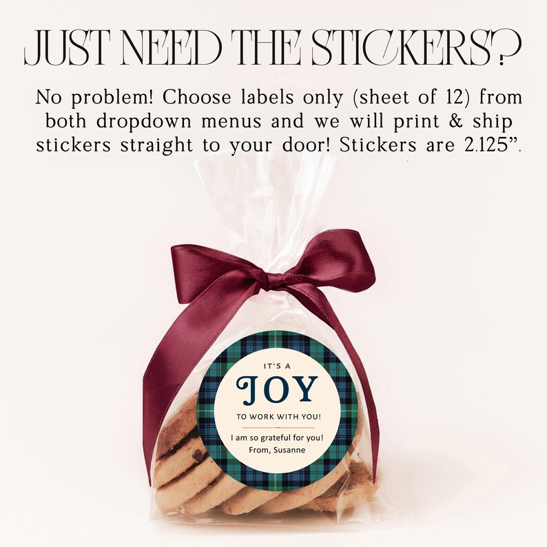 May include: A clear plastic bag containing round cookies, tied with a dark red satin ribbon. A circular sticker on the bag features a blue and green plaid border, cream center, and text: IT'S A JOY TO WORK WITH YOU! I am so grateful for you! From, Susanne. Stickers are 2.125 inches.