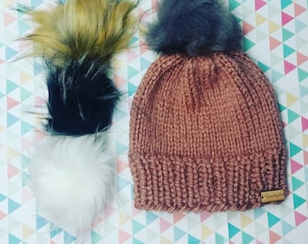 Dusty rose knit hat faux fur pompom winter hat