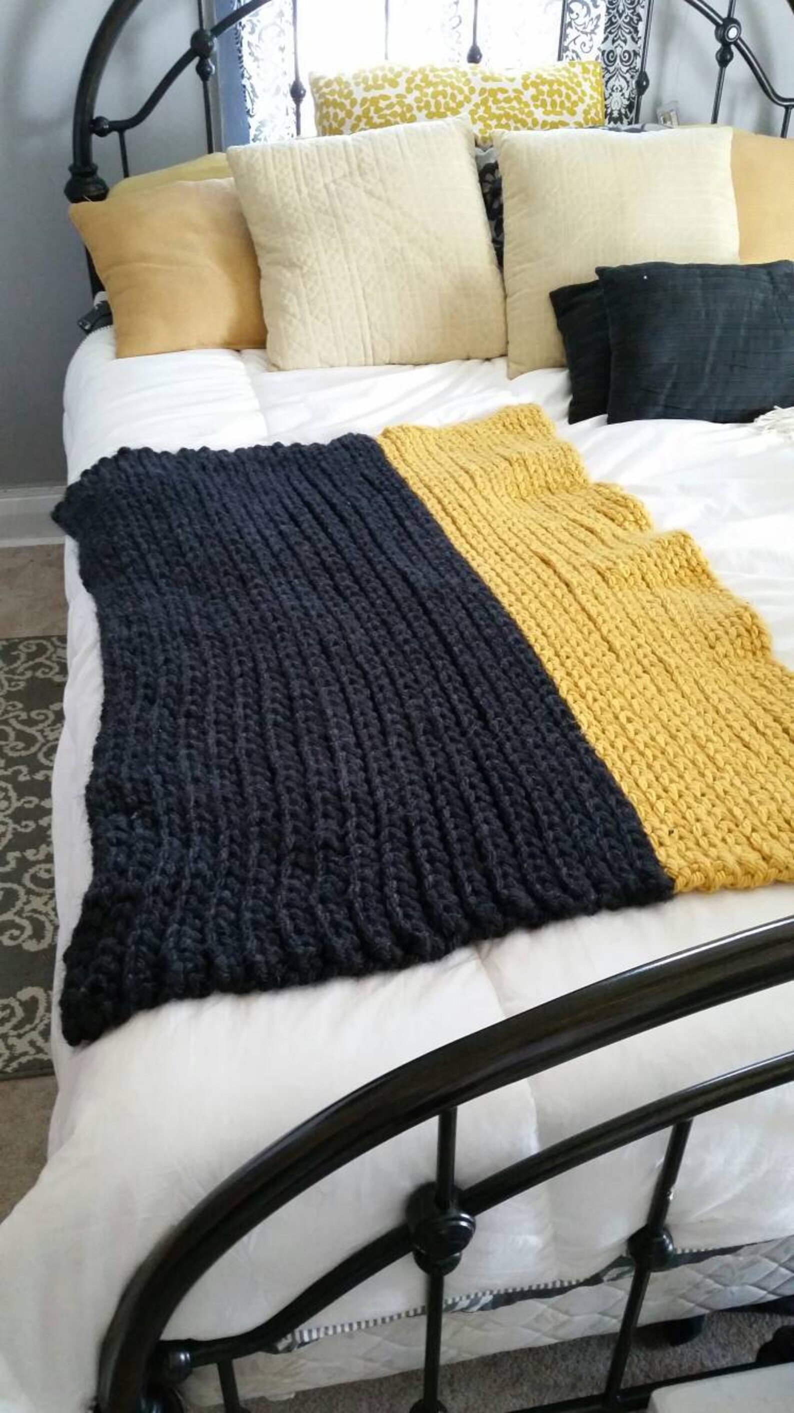 Thick Chunky Yarn Knit Throw Blanket Yellow/mustard and Black Etsy