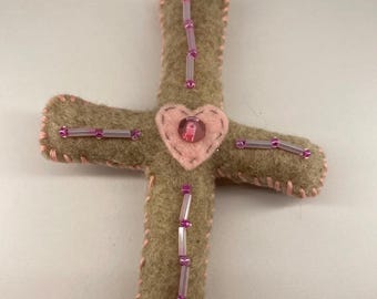 Handmade Felt Cross with heart car mirror hanger or ornament - Farmhouse, Cottagecore, Christian Decor