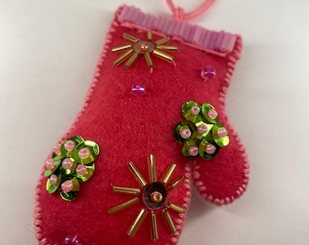 Handmade Felt Mitten Christmas ornament with sequins - Farmhouse, Pink Christmas Decor