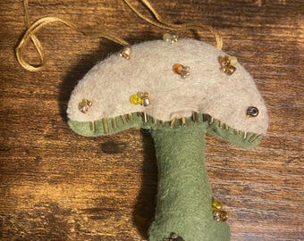 Handmade Double-Sided Beaded Felt Mushroom Home Decor, Ornament or Car Mirror Hanger – Beaded Cottagecore Decor, Farmhouse Decor