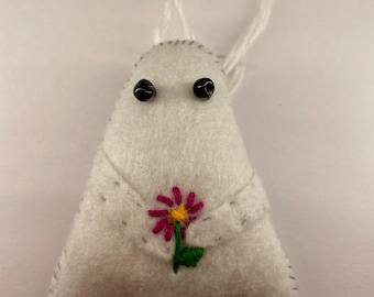 Handmade Felt Ghost Ornament - Embroidered Flower, Halloween Charm