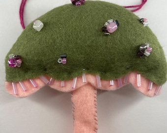 Handmade Felt Mushroom Ornament or Car Mirror Hanger – Beaded Cottagecore Decor, Farmhouse Decor, Christmas Cottage