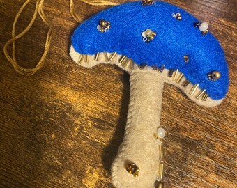 Handmade Felt Mushroom Ornament or Car Mirror Hanger – Beaded Cottagecore Decor, Farmhouse Decor, Christmas Cottage