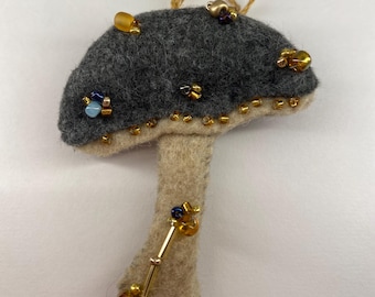 Handmade Felt Mushroom Ornament – Beaded Cottagecore Decor