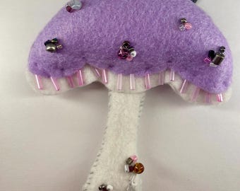 Handmade Felt Mushroom Ornament or Car Mirror Charm – Beaded Cottagecore Decor, Farmhouse Decor, Woodland Fairy Cottage