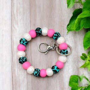 Turquoise Brown Cow Wristlet | Beaded Wristlet | Silicone Beaded Wristlet | Bracelet Keychain
