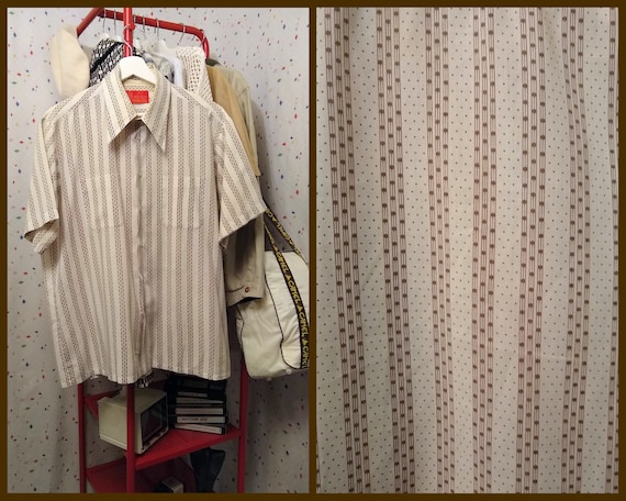 White Short Sleeve Button Down with Brown Stripe a