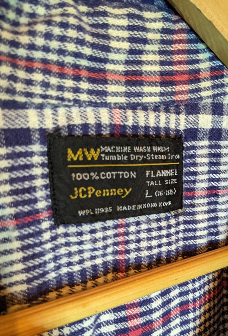70s Cotton Flannel Blue Red White Plaid Button Down LXL