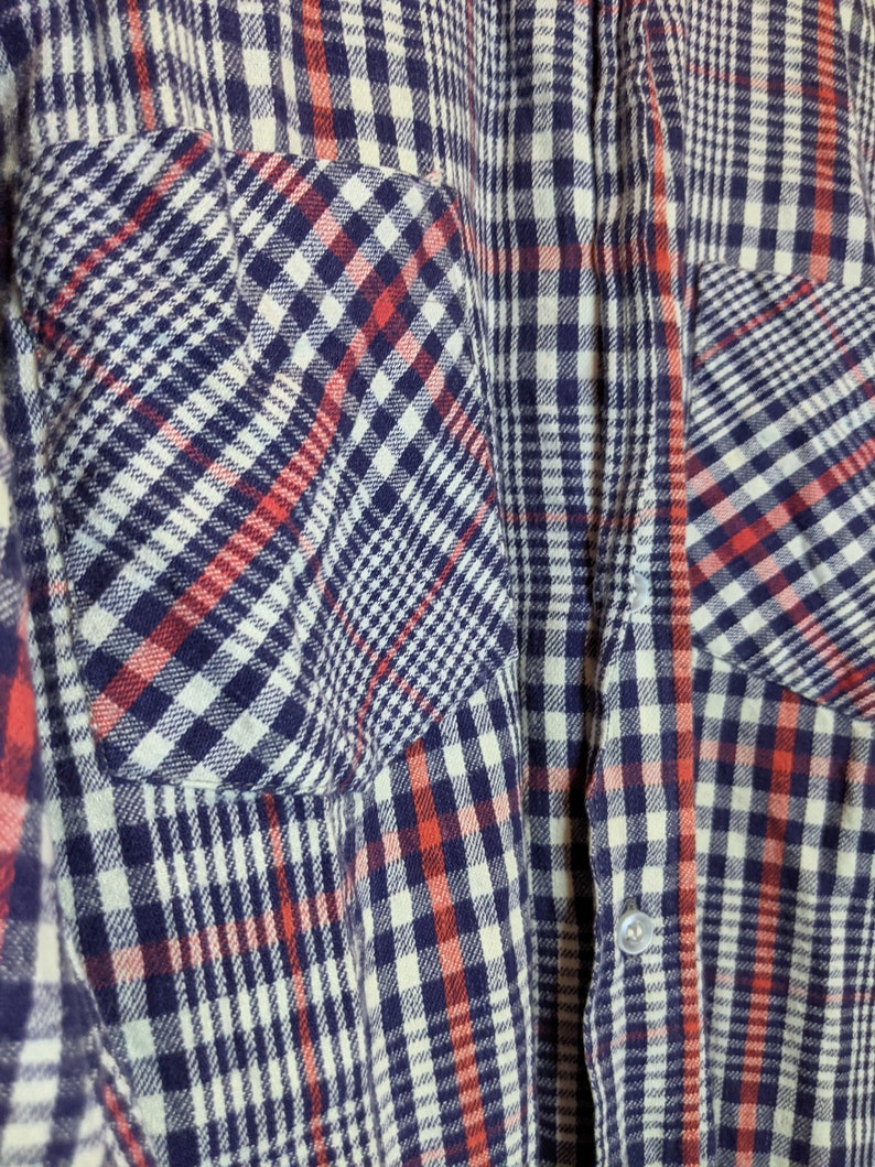 70s Cotton Flannel Blue Red White Plaid Button Down LXL