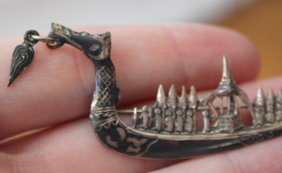 Vintage Siam Sterling Silver Niello Dragon Boat Brooch 1950s Viking Jaw Bone Dragon Ship Black Enamel Silver With Flames Attached - 