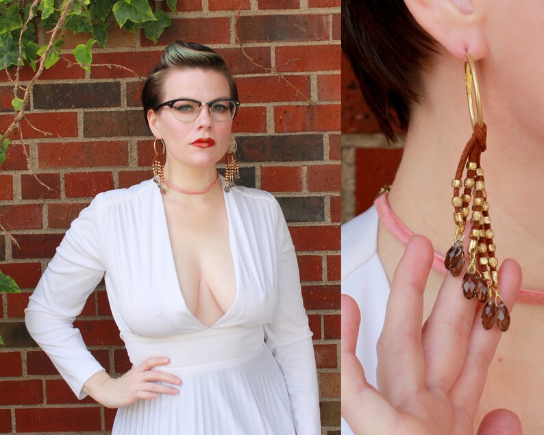 Retro Repurposed Hart Earrings Hoop Earrings with Leather Tassels /& Beads